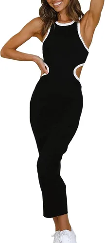NauLon Vestido ajustado sexy para mujer, cintura recortada, espalda abierta, longitud hasta el tobillo, acanalado, fiesta, club, mini vestidos midi