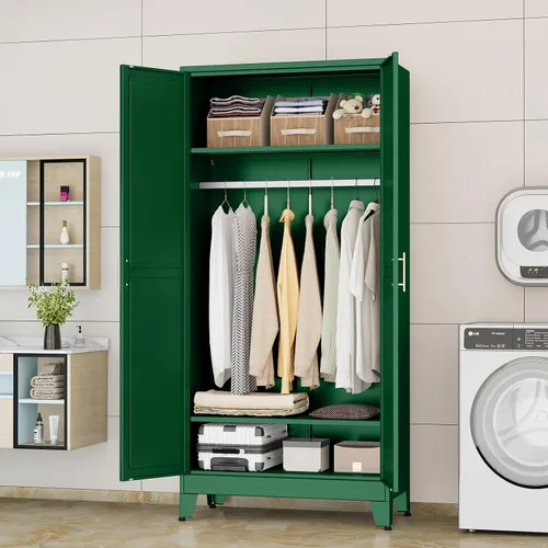 Miniatura 6 de Armario de almacenamiento de metal con espejo y barra para colgar, armario de ropa de metal de 71 pulgadas con 2 puertas y 2 estantes ajustables