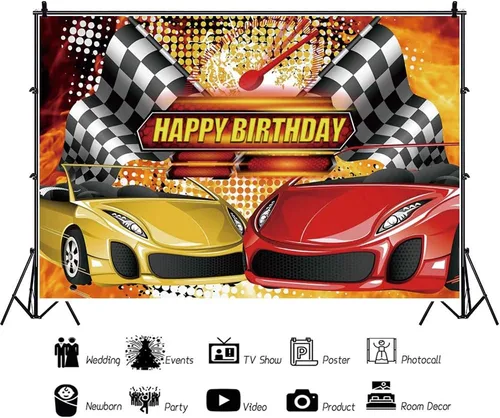 Miniatura 2 de Yeele Telón de fondo con temática de coche de carreras de 5 x 4 pies, color rojo y amarillo, bandera de campeón, fondo de fotografía, fiesta