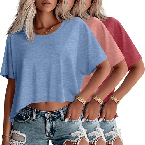Miniatura 10 de Huukeay Paquete de 3 camisetas recortadas de gran tamaño para mujer, manga corta, holgadas, cuello redondo, holgadas, para entrenamiento