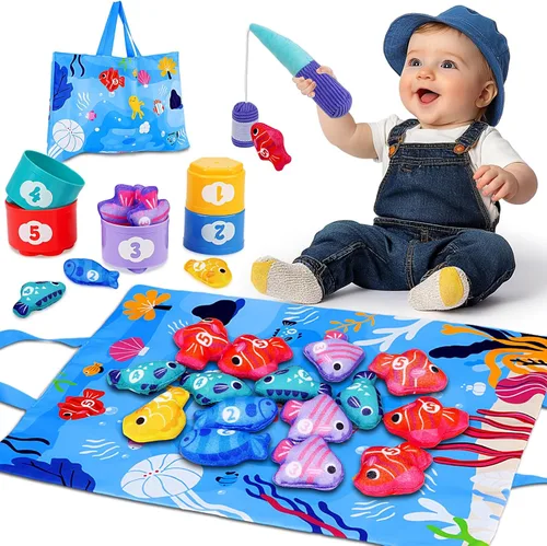 Arovan Juguetes Montessori para niños de 1 año, juego de pesca de tela con tazas apilables, juguetes para niños de un año, regalo de primer