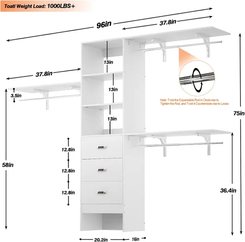 Miniatura 7 de Armocity Sistema de Armario de 96 Pulgadas, Organizador de Vestidor de 8 Pies con 3 Torres de Estantería, Perchero de Ropa Resistente con 3 Cajones