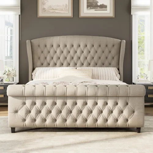 Miniatura 16 de AMERLIFE - Marco de cama tamaño King con plataforma, cama de estilo trineador tapizada en terciopelo con cabecero y pie de cama con alas onduladas
