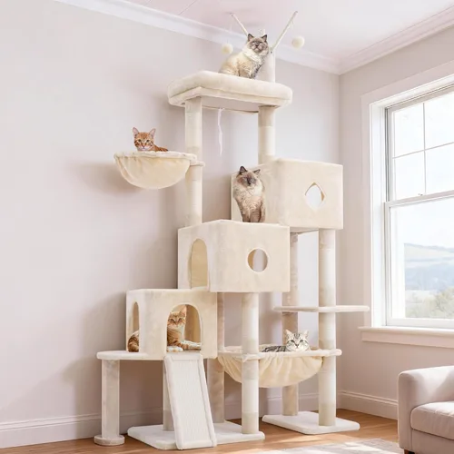 Miniatura 11 de Hey-brother Torre de árbol para gatos, postes rascadores con 3 condominios, canasta grande, cama acogedora, tabla de sisal, camino de escalada paso
