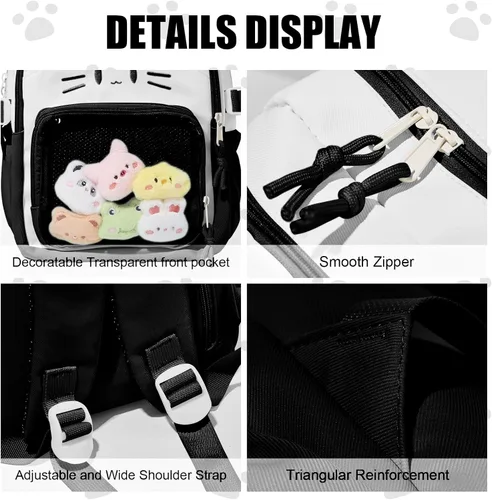 Miniatura 4 de Bolsa Kawaii Cat Ita, bolso con pines, bolsa con inserto, para uso diario y cosplay, nailon, Negro-blanco, Pequeño, Kawaii