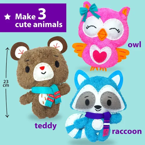 Miniatura 2 de KRAFUN Kit de costura para niños de 7, 8, 9, 10, 11, 12 años, principiante, My First Art & Craft, incluye 3 muñecas de animales de peluche, mapache
