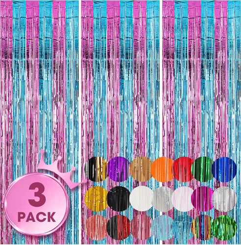 Miniatura 48 de Voircoloria - Cortinas de fondo de flecos de papel de aluminio para fiestas, 3 piezas, 39.6 x 98.4 pulgadas, azul retro 48 Retro Azul