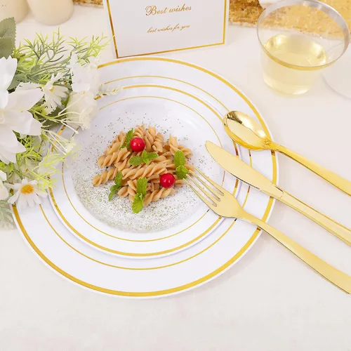 Miniatura 9 de DaYammi Juego de vajilla de plástico dorado de 350 piezas para 50 invitados, platos desechables elegantes para fiestas, incluye: 50 platos llanos