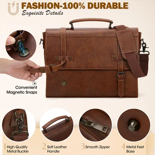 Miniatura 6 de RAINSMORE Bolsa de mensajero para hombre de 17 pulgadas, impermeable, de piel vintage, maletín para laptop, bolsa grande para laptop, bolsa de Marrón