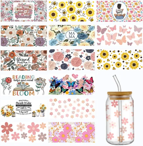 Miniatura 9 de YOKUSHI Envolturas de vasos UV DTF para 16 onzas, 15 hojas de calcomanías temáticas lindas calcomanías de transferencia para vasos de vidrio