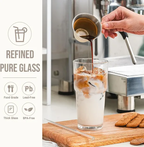 Miniatura 4 de SoulTimes Vaso de vidrio de 20 onzas con tapa y popote de vidrio – Juego de 2 vasos transparentes reutilizables para café helado, vaso para café