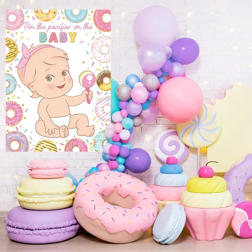 Miniatura 7 de Faccito Pin The Chupete Juego de baby shower, decoración de fiesta de baby shower, incluye póster grande, 24 calcomanías para chupete, juego