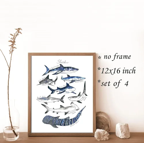 Miniatura 5 de VNWEK Póster artístico de pared de tiburones y ballenas rústicos en acuarela sin marco de 12 x 16 pulgadas, juego de 4, decoraciones de vida marina