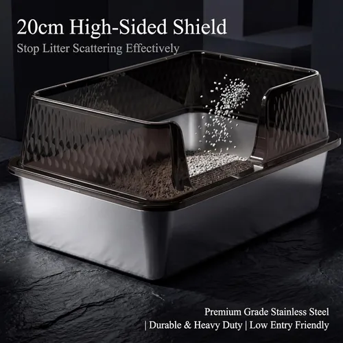 Miniatura 3 de Suhaco - Caja pequeña de arena para gatos de acero inoxidable, entrada lateral, paredes altas, cajas de arena profundas para gatitos con lados Negro
