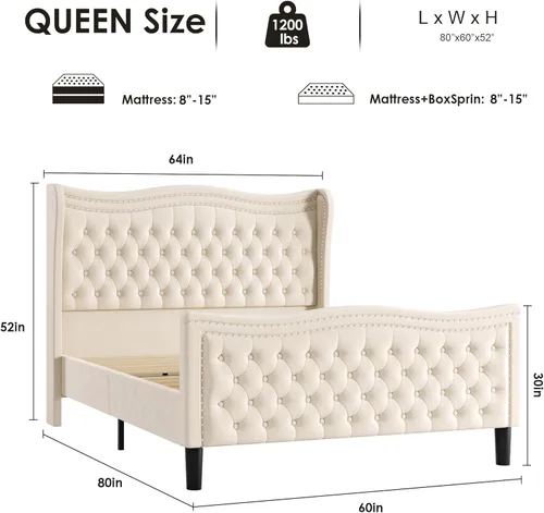 Miniatura 2 de Marco de Cama Queen con Cabecero y Piecero Altos, Marco de Cama Plataforma Tapizada en Terciopelo con Respaldo Acolchado con Botones Profundos Tipo