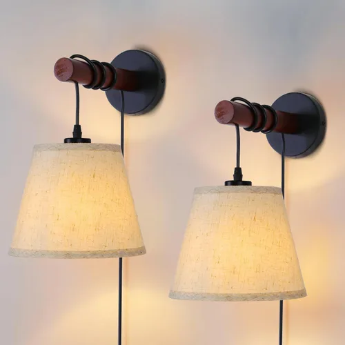 Miniatura 9 de Apliques de pared enchufables, lámpara de pared de cabecera con brazo de madera, luz de pared de tela con interruptor de encendido/apagado