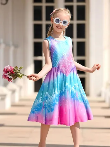 Miniatura 3 de Funnycokid Vestido de sirena para niñas y niños, vestido de verano sin mangas, traje de cumpleaños, ropa de fiesta de 4 a 13 años