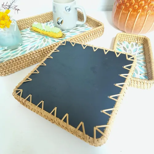 Miniatura 5 de i-lan Juego de 3 bandejas rectangulares de ratán y nácar azul de 15 pulgadas, bandejas tejidas de ratán natural, rectangulares bohemias, cestas