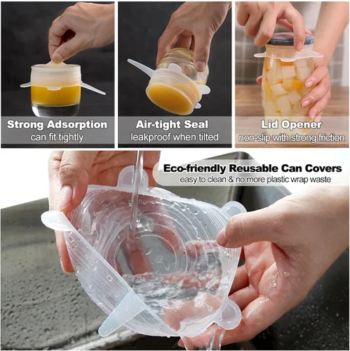 Miniatura 6 de Tapas de silicona para latas de alimentos para mascotas (paquete de 8, 2.6 pulgadas + 3.3 pulgadas), tapas de silicona reutilizables sin BPA