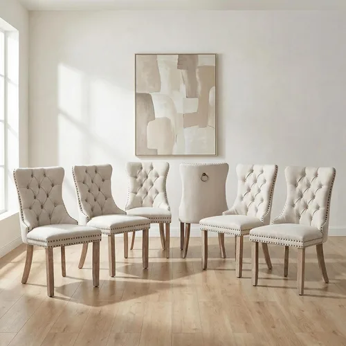 Miniatura 67 de OVENTA Juego de 4 sillas de comedor modernas tapizadas copetudas, terciopelo negro y gris y cuero con patas de madera maciza, sillas de cocina