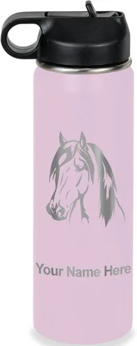 Miniatura 77 de LaserGram Botella de agua personalizada, cabeza de caballo 1, acero inoxidable de doble pared aislada al vacío con popote superior, regalo grabado