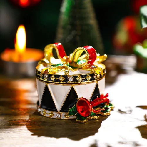 Miniatura 5 de YU FENG Cajas de adornos de Navidad con bisagras con diamantes de imitación con lazo y trompeta esmaltada decorativa