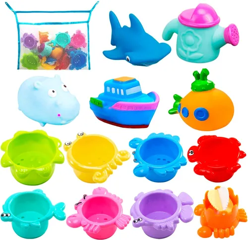 INNOCHEER Juguetes de baño para bebés para niños pequeños, juguetes de mesa de agua con tazas apilables sin moho, red organizadora de secado rápido,