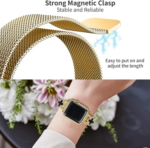 Miniatura 4 de Joyozy Correa delgada de metal compatible con Apple Watch de 38mm 40mm 41mm 42mm 44mm 45mm 46mm 49mm, correa magnética delgada con adornos Dorado