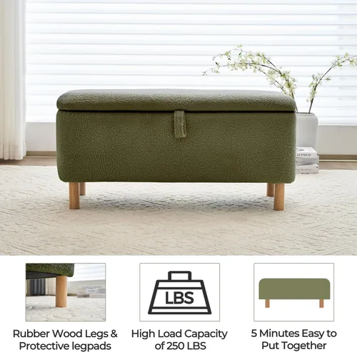 Miniatura 7 de Banco otomano de almacenamiento Boucle para dormitorio al pie de la cama, asiento tapizado en sherpa con almacenamiento para zapatos para entrada