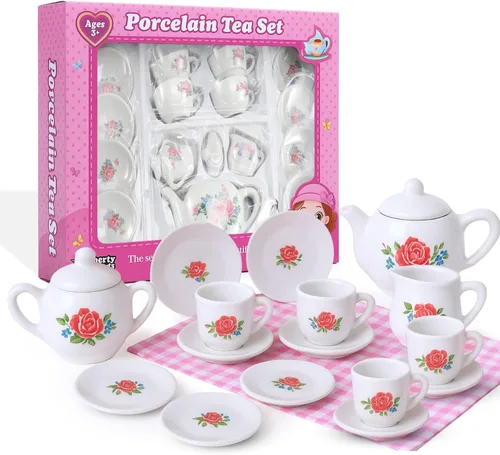 Miniatura 7 de Juego de té de cerámica de porcelana en miniatura floral de 17 piezas, juego de simulación para niños, juego de cocina pequeño, muñeca divertida
