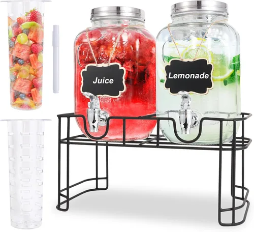 Dispensadores de bebidas de vidrio de 1 galón para fiestas, juego de 2, dispensador de bebidas con infusor y soporte de frutas, dispensador de jugo