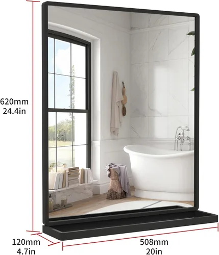 Miniatura 6 de ANYHI Espejos de baño para pared, espejo de pared de metal con estante, perfecto para sala de estar, dormitorio, entrada, rectangular, vertical Negro