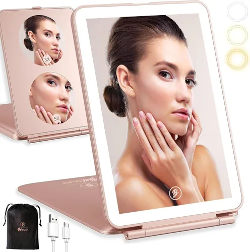 Espejo de tocador plegable recargable con 72 luces LED, iluminación de 3 colores, pantalla táctil regulable para viajes, cosméticos y regalos con