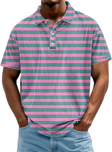 Miniatura 12 de Camisa polo de manga corta para hombre, camiseta de golf a rayas, de manga corta, para vacaciones, casual, cuello en V, camiseta de verano con Rojo