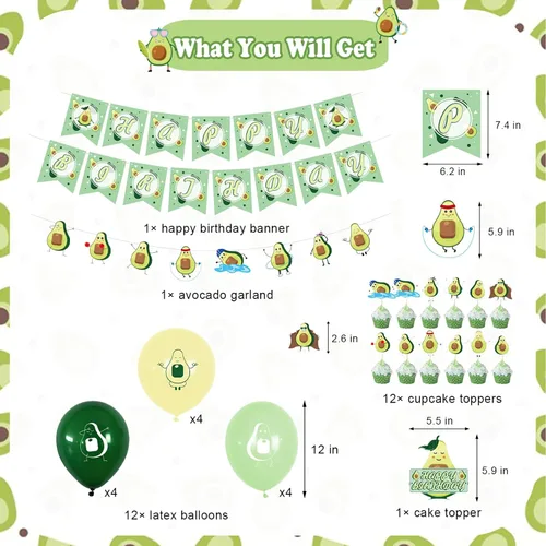 Miniatura 4 de Decoraciones de cumpleaños de aguacate, suministros para fiestas temáticas de frutas con pancarta de feliz cumpleaños, pancarta de guirnalda