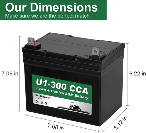 Miniatura 2 de Batería WEIZE AGM para jardín y césped, 12V 300CCA BCI Grupo U1 SLA de arranque para césped, tractores y cortadoras, compatible con John Deere