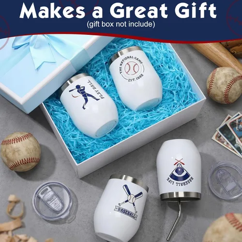 Miniatura 5 de Mifoci 4 vasos de béisbol de 12 onzas con aislamiento térmico de acero inoxidable con popote y tapa, taza de café de viaje para mujeres, hombres