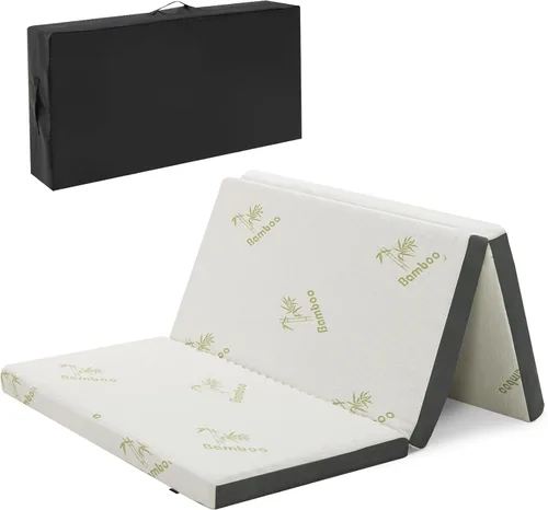 Giantex Colchón plegable tamaño matrimonial, colchón de espuma viscoelástica de triple pliegue de 3 pulgadas, cubrecolchón plegable con funda suave,