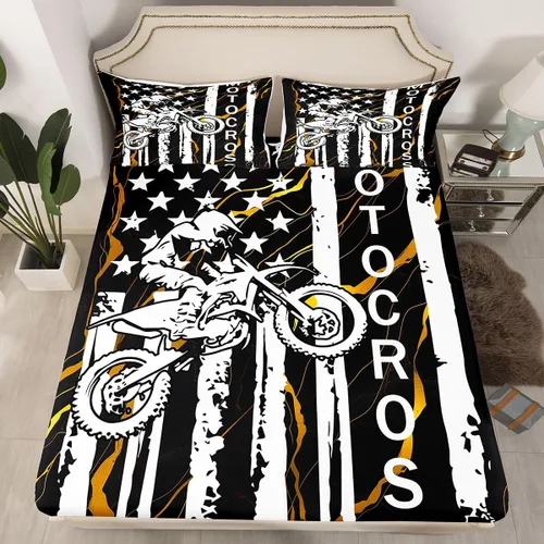 Miniatura 2 de Erosebridal Sábana bajera ajustable con bandera estadounidense, juegos de ropa de cama para adolescentes y motos de cross, tamaño individual