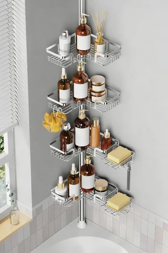 Miniatura 13 de ZUNTO Estante de ducha con poste de tensión para baño, ajustable de 25 a 114 pulgadas, de suelo a techo, organizador de barra de tensión