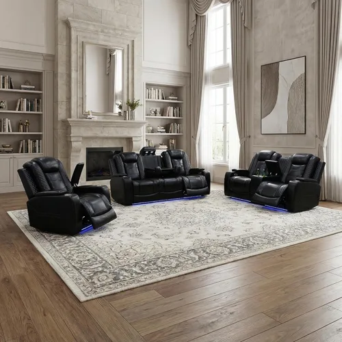 Miniatura 10 de Juego de sofá reclinable eléctrico, juego de sofá reclinable de cuero con luz LED y portavasos, juego de muebles reclinables de cuero eléctrico