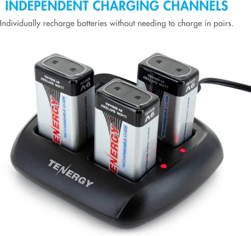 Miniatura 4 de Tenergy TN294 - Cargador de batería de iones de litio de 4 bahías y 9 V + 4 baterías recargables de iones de litio de 9 V y 600 mAh