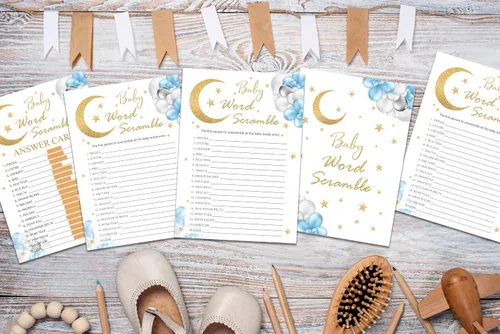 Miniatura 4 de Tarjetas de juego Baby Word Scramble, juegos de baby shower de luna y estrellas, 25 cartas y 1 clave de respuesta