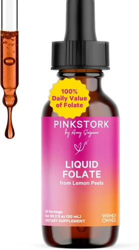 Pink Stork Folato líquido: vitamina B9 de alimentos integrales de cáscaras de limón, ácido fólico natural con vitamina C, vitaminas prenatales