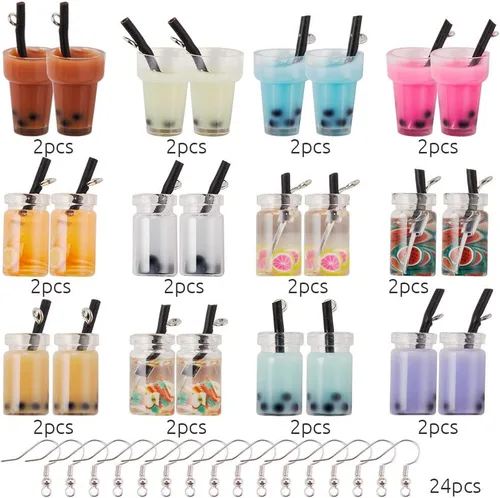 Miniatura 2 de SUNNYCLUE 1 caja DIY 12 pares de aretes Boba Kit de fabricación de aretes de té con leche y perlas, dijes de té con leche, dijes de Boba Mini Té