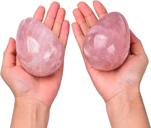 Miniatura 2 de AMOYSTONE Huevo de cristal de cuarzo rosa natural grande para curación y práctica de reiki, piedra de decoración del hogar con base, 3-3.5 pulgadas