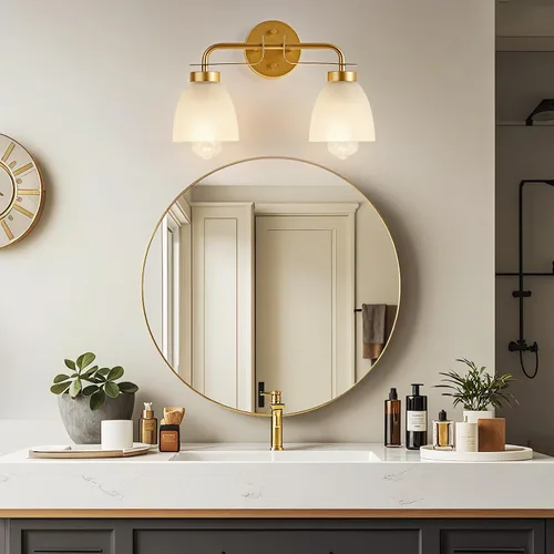Miniatura 5 de Luces de tocador modernas de mediados de siglo de 16 pulgadas, lámpara dorada de 2 luces con pantallas de campana blancas esmeriladas, aplique