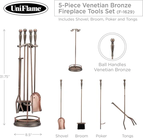 Miniatura 2 de UniFlame, Juego de herramientas para chimenea de bronce veneciano de 5 piezas con asas de bola Ball Handles