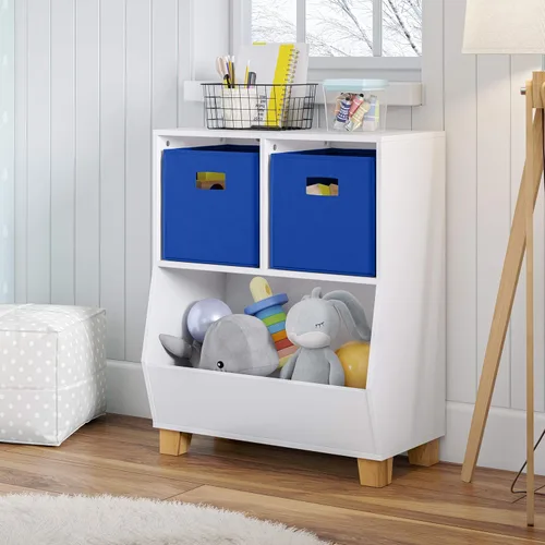 Miniatura 2 de RiverRidge Estantería organizadora de juguetes para niños con 2 cubículos, 2 contenedores plegables de tela azul y espacioso, organizador de Blanco