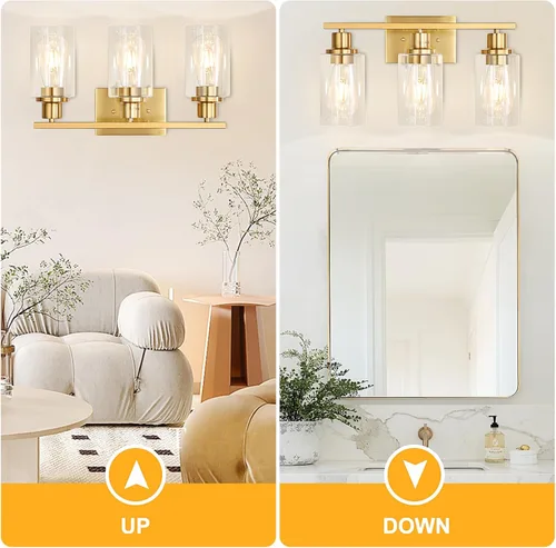 Miniatura 3 de Lámparas de pared doradas para baño de latón cepillado, lámparas de pared modernas de 3 luces con apliques de vidrio transparente, lámpara de pared
